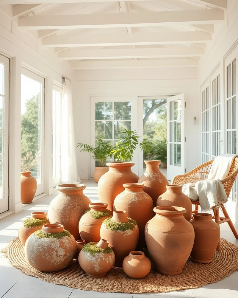 A bright sunroom featuring a collection of aged terracotta pots with white mineral deposits, arranged on a jute rug next to rattan furniture.