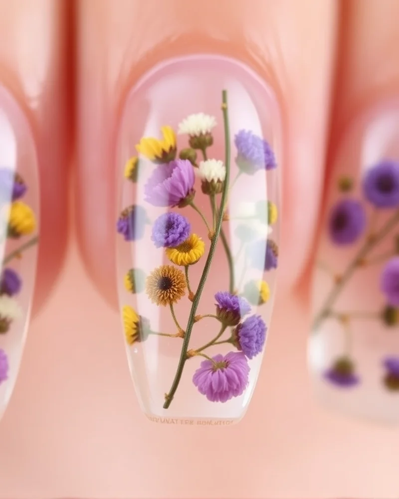 7 Dreamy Cottagecore Nail Designs That Will Define Your Aesthetic This Season 2 Almond-shaped nails featuring delicate encapsulated pressed flowers under a glossy gel coat, captured in a bright, clean setting.