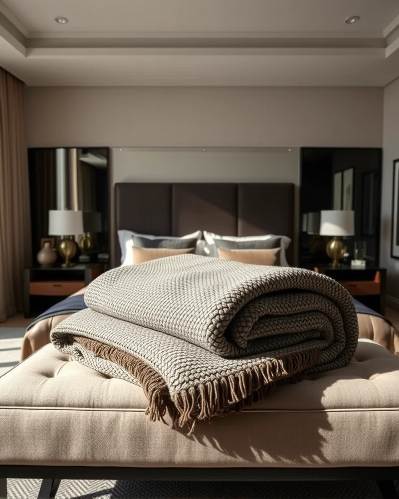 A neatly folded weighted blanket on a bedroom bench, blending seamlessly into a modern, neutral-toned interior.