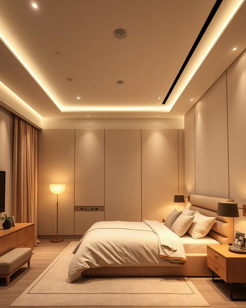 A sophisticated bedroom interior displaying layered lighting techniques including soft ceiling lights and warm corner floor lamps.