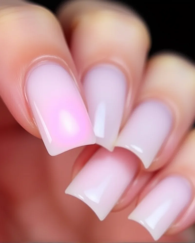 7 Viral Aura Nail Art Ideas That Will Elevate Your Manicure Game 2 Short square nails featuring a soft white base with a vibrant pink centered aura gradient effect.