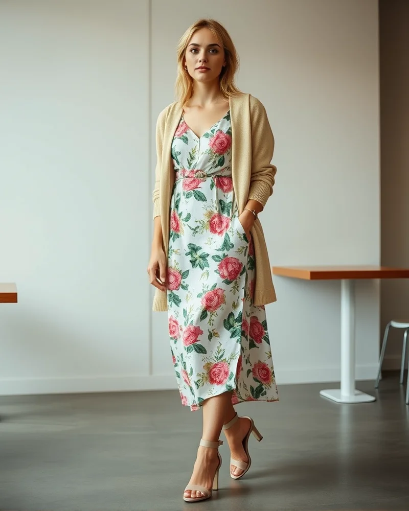 A woman wears a sophisticated floral midi dress paired with elegant clear jelly sandals in a chic cafe setting, demonstrating a refined daytime look.