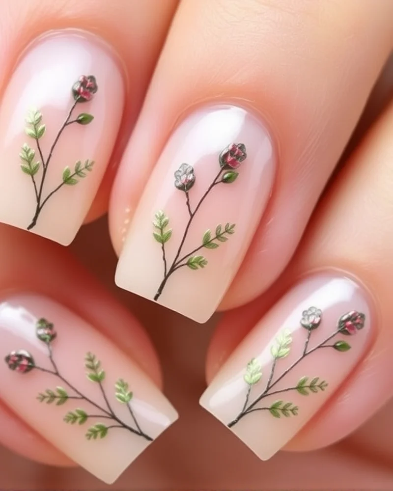 Square nails with a sheer nude base featuring delicate, hand-painted green floral stems and tiny leaves on each nail, photographed in natural sunlight.
