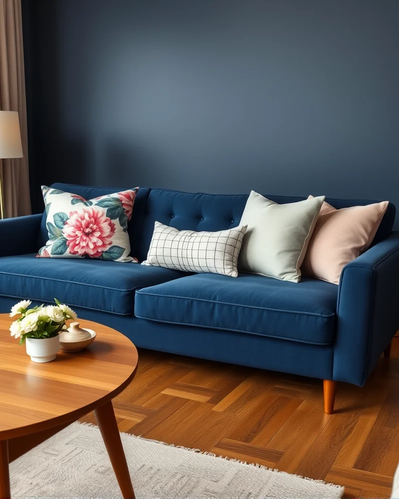 7 Viral Throw Pillow Combinations to Instantly Elevate Your Living Room 2 A navy sofa styled with a mix of large floral patterns, small geometric prints, and a solid linen lumbar pillow in a warm, inviting living room setting.