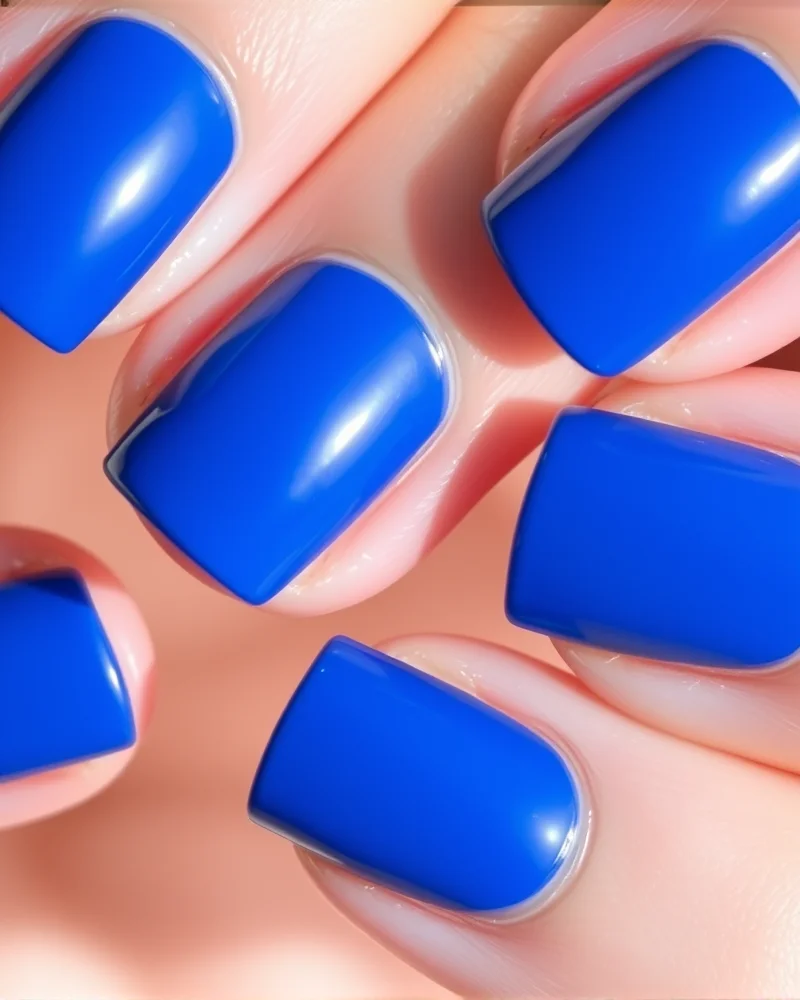 Vibrant cobalt blue square nails with a smooth, glossy creme finish against a soft-focus background.