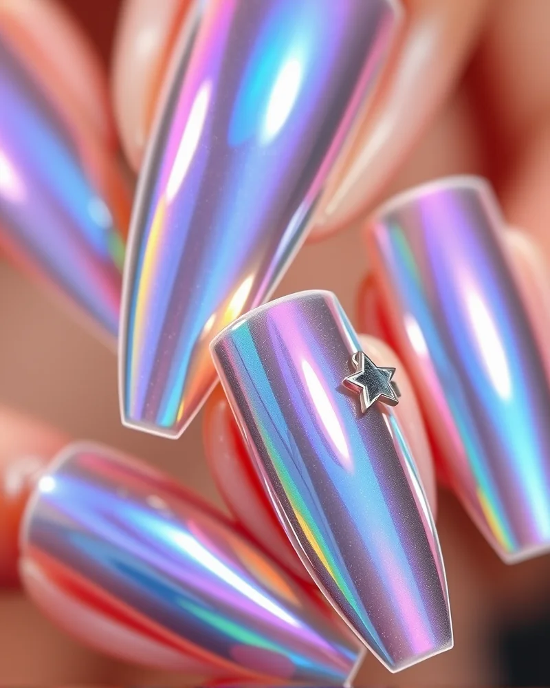 Close-up view of long, stiletto-shaped nails featuring a bright holographic chrome finish with a dainty silver star charm attached.