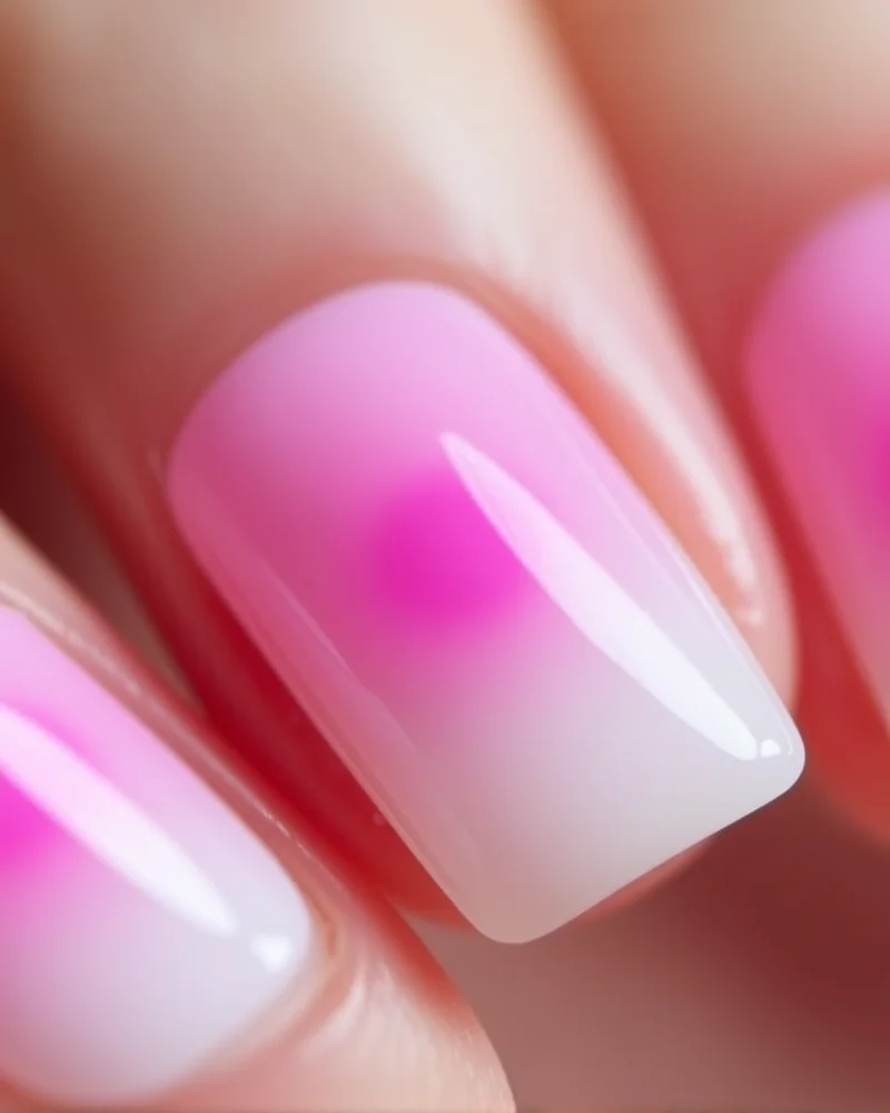 Close-up of square nails with a vibrant pink-to-nude aura gradient finish, showcasing the soft-focus blending technique.