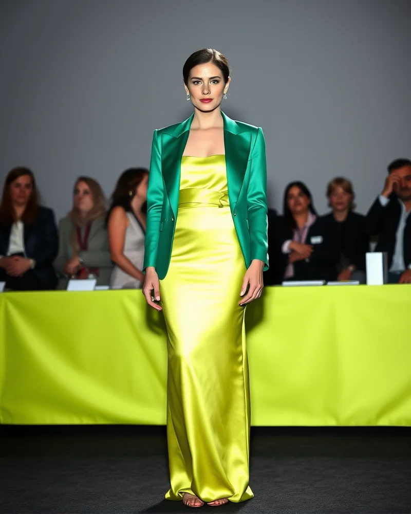 7 Viral Yoshi Costume Outfit Ideas for High-Fashion Street Style 2 A woman wears an elegant emerald and lime-green evening ensemble, representing a sophisticated take on Yoshi-inspired fashion.
