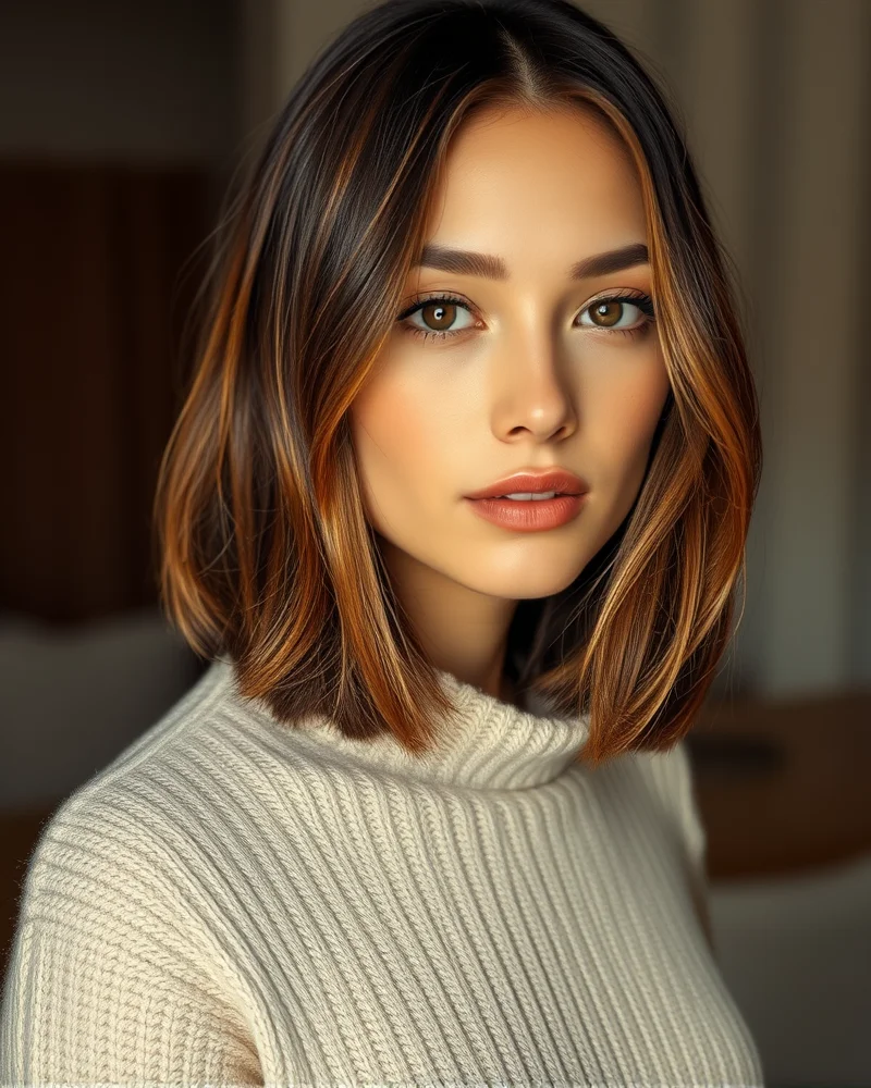 7 Viral Reasons Why Mushroom Brown Hair Is The Ultimate Fall Upgrade 2 A woman with sleek, shoulder-length hair in a mushroom brown shade, featuring subtle ash-toned balayage, soft lighting focusing on the cool color palette.