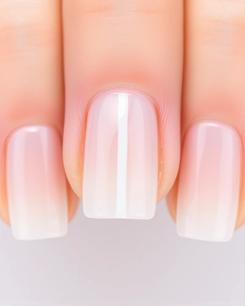 7 Viral Negative Space Nail Art Hacks You Need to Try 2 Close-up of short square nails with a minimalist milky white vertical stripe, showcasing a clean negative space effect.