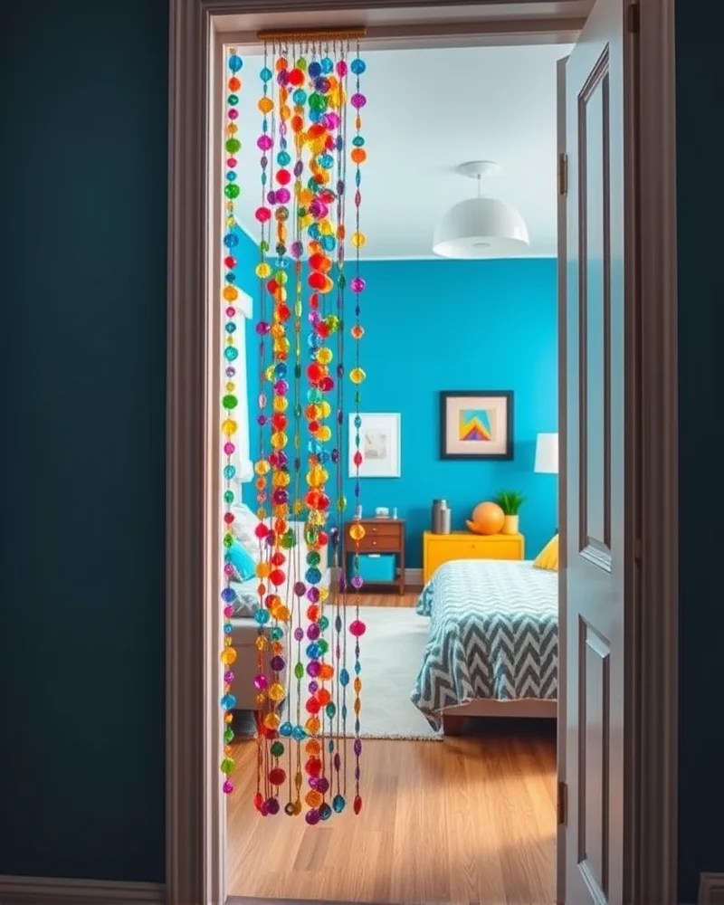 A colorful plastic bead curtain hangs in a doorway, casting vibrant light into a bedroom decorated with early 2000s-style furniture and bright wall paint.