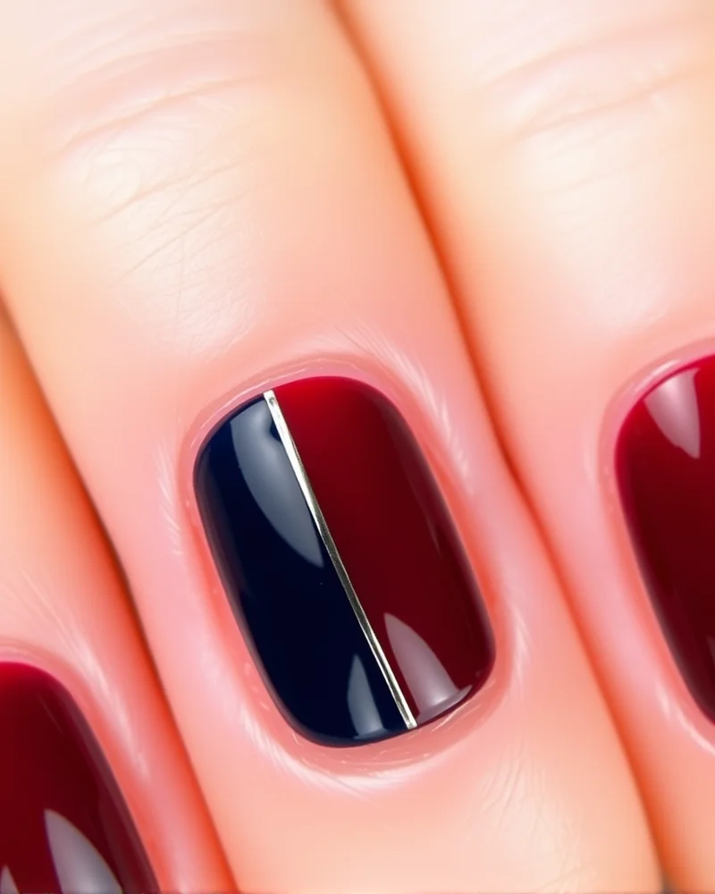 7 Viral 4th of July Nails French Tip Designs You Need to Try 2 Square-shaped nails featuring a modern split-color French tip in patriotic red and blue with a metallic silver accent line.