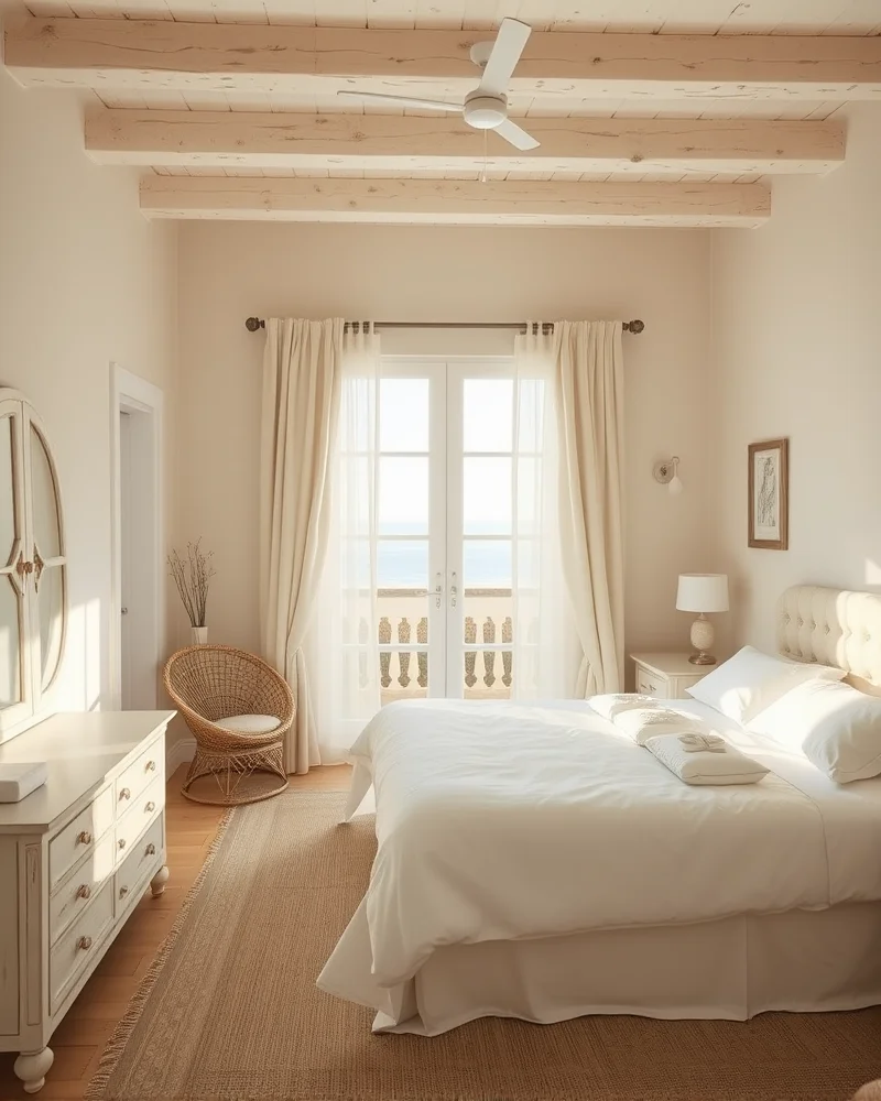 7 Dreamy Ways to Transform Your Bedroom into a Coastal Sanctuary 2 A bedroom decorated in shades of sand, cream, and white with light-washed wooden furniture and flowing sheer curtains.