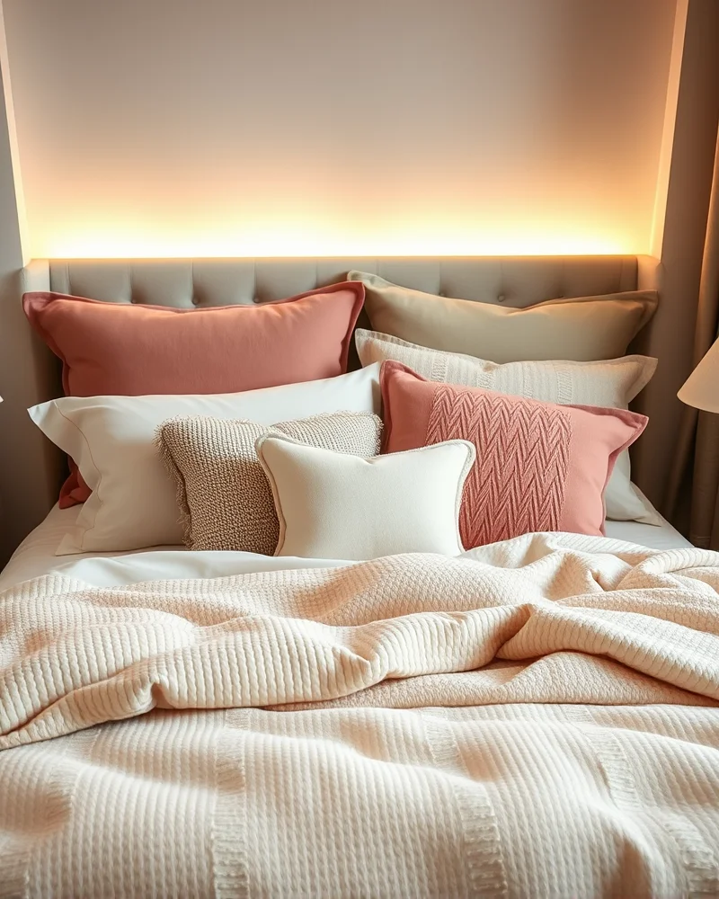 A luxuriously layered dorm bed featuring textured cream and dusty rose linens, styled with high-end throw pillows in a bright, airy room.