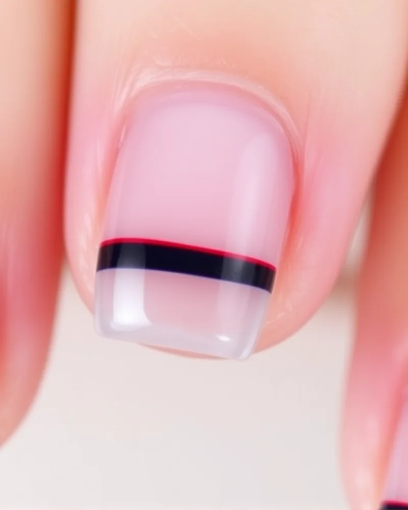 7 Viral 4th of July Nails Simple Ideas That Look Expensive 2 Close-up of square nails with minimalist navy blue and red horizontal tips on a clear glossy base, showcasing a modern, clean look.