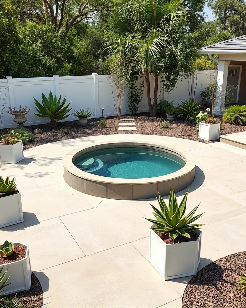 7 Viral Stock Tank Pool Ideas for a Luxe Backyard Oasis 2 A modern, sun-drenched patio featuring a galvanized steel stock tank pool as the central design element, surrounded by sleek minimalist outdoor furniture.