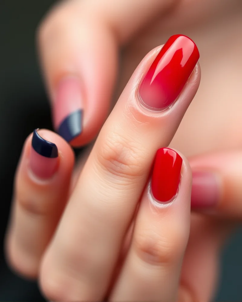 7 Viral Short Fourth of July Nails That Look Expensive 2 Close-up of short almond nails featuring ultra-thin, precise navy and red micro-French tips on a clean base, showcasing a minimalist luxury look.