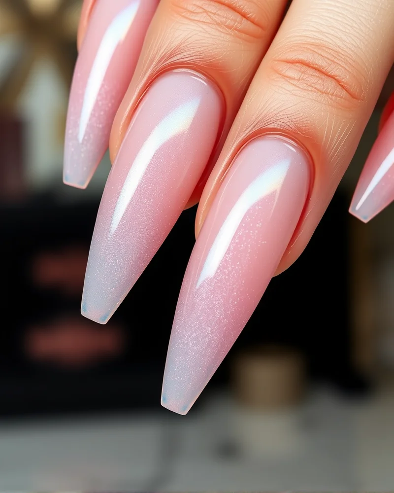 Close-up of long almond nails coated in a pale pink translucent polish with a high-shine iridescent chrome finish.