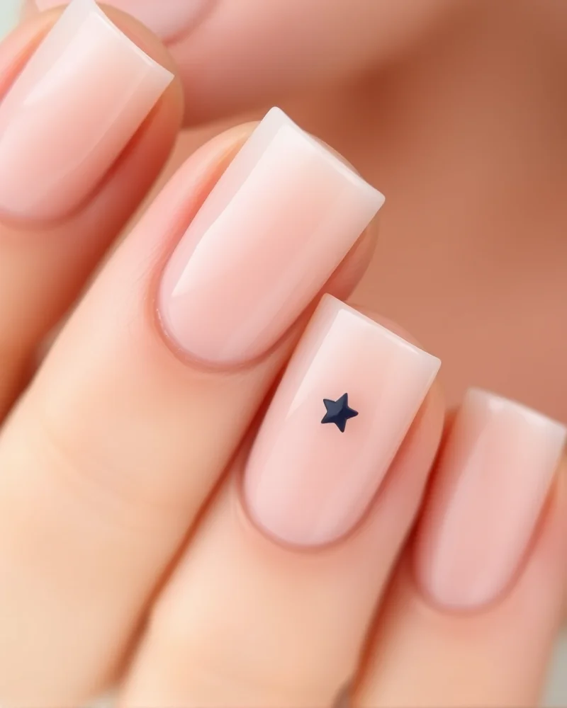 Close-up of short, square-shaped nails with a clear, nude base and one tiny, dark blue star decal on each nail.