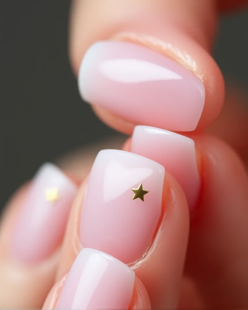 7 Chic Short 4th of July Nails Ideas to Elevate Your Holiday Look 2 Short almond-shaped nails with a sheer milky base and delicate metallic gold star accents, photographed in bright natural light.