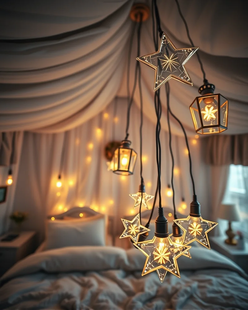 A bedroom space with multiple levels of lighting, including warm hanging lanterns and hidden LEDs, creating an ethereal and cozy glow.