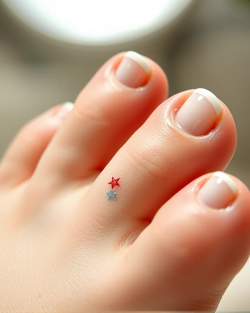 7 Stunning 4th of July Pedicure Ideas to Elevate Your Summer Style 2 Minimalist pedicure featuring a milky white base with tiny, delicate red and blue hand-painted stars on the big toe.