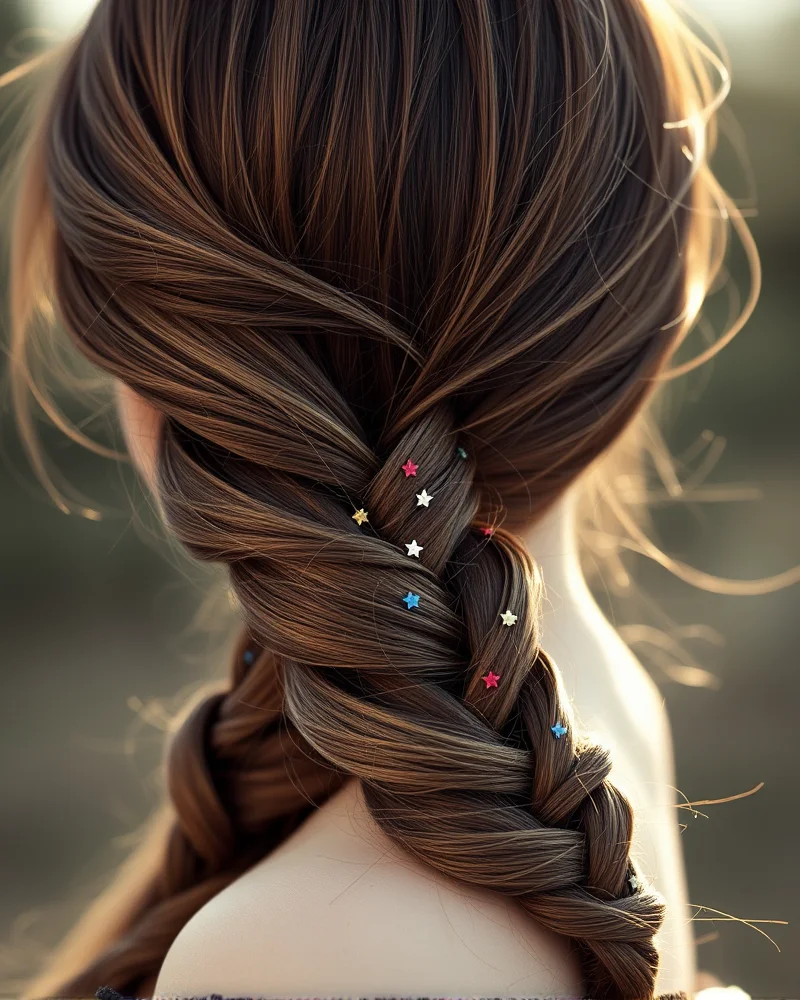 7 Viral 4th of July Hair Ideas That Will Own the Fireworks Show 2 A side profile of a woman with a thick fishtail braid decorated with miniature star-shaped patriotic hair pins, highlighting the intricate woven texture.