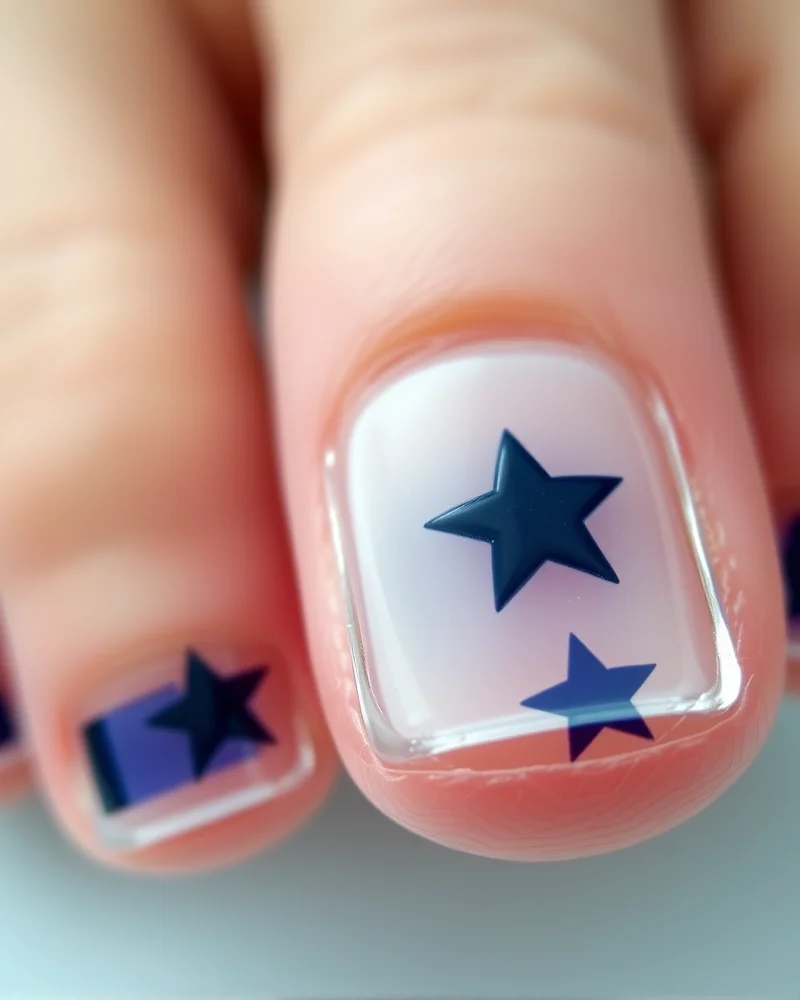 7 Patriotic Perfection: The Most Viral 4th of July Toenail Designs of the Season 2 Clean, minimalist square toenails featuring a single tiny navy blue star on a transparent glossy base.