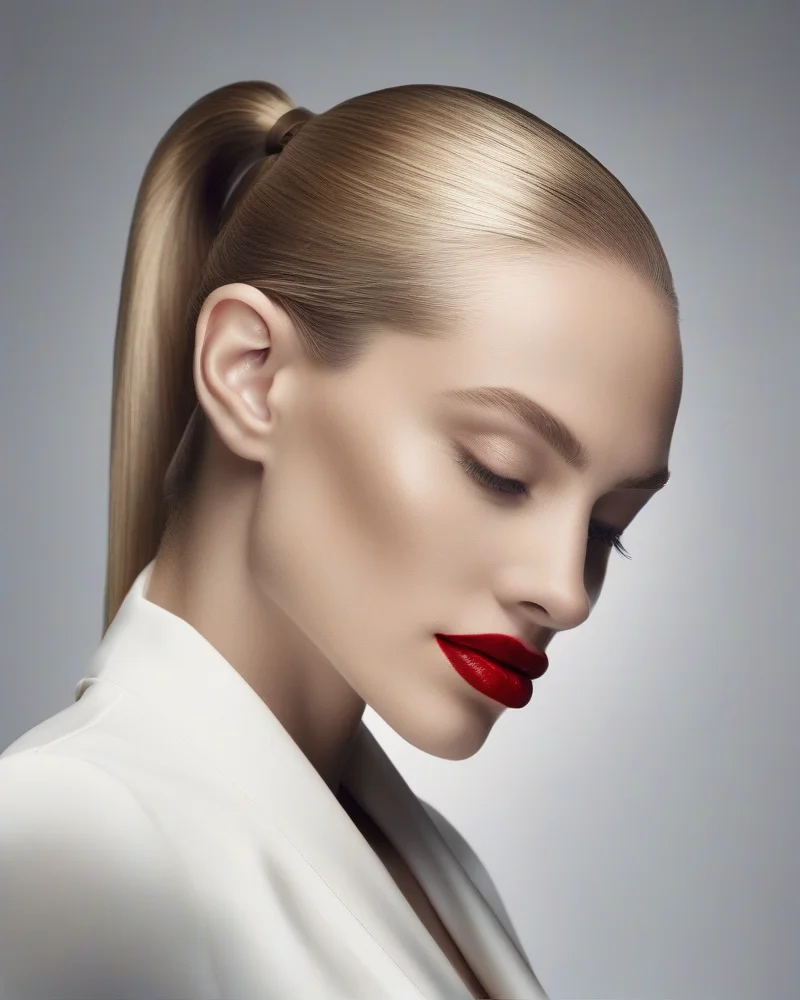 7 Vibrant Mexico Makeup Trends You Need To Try This Season 2 A model with a perfectly polished, slick-back low ponytail and a bold, classic red lip, captured in sharp focus.