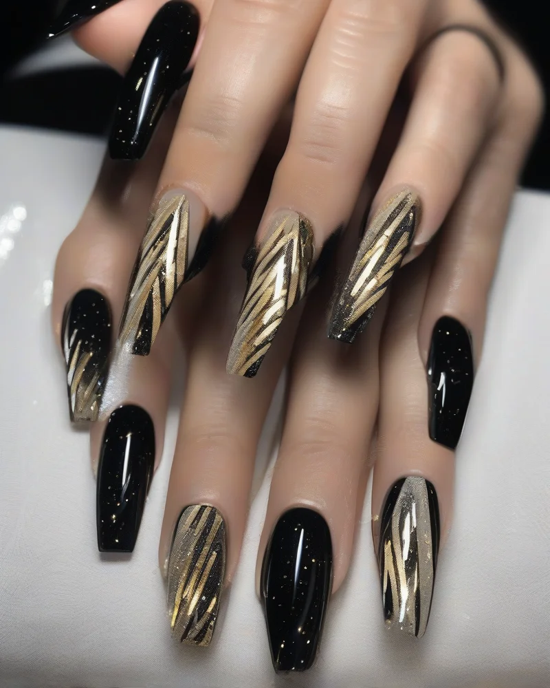 Coffin-shaped nails painted black with intricate white and gold glitter starbursts radiating from the center of the nail.
