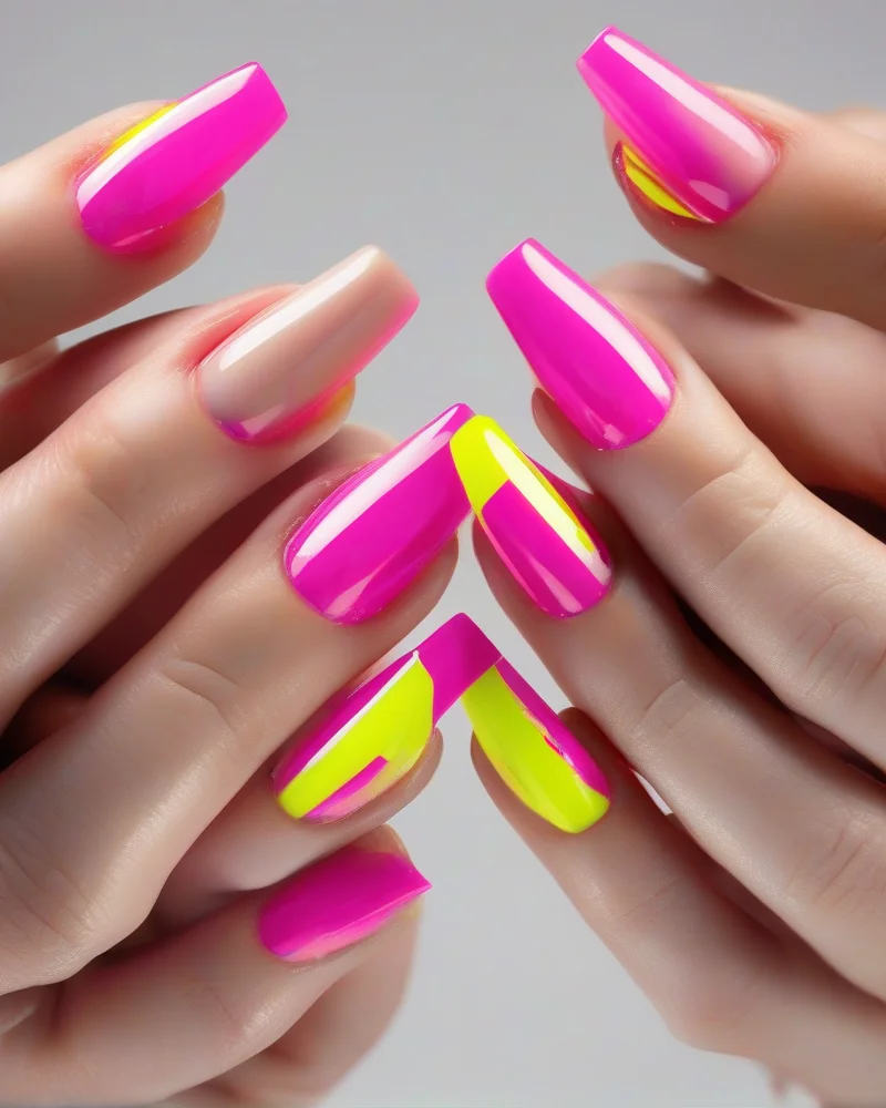 7 July Nails Ideas That Are Taking Over Your Feed This Summer 2 Square nails featuring a sheer nude base and bright neon French tips, captured in extreme detail to show the sharp, precise lines.