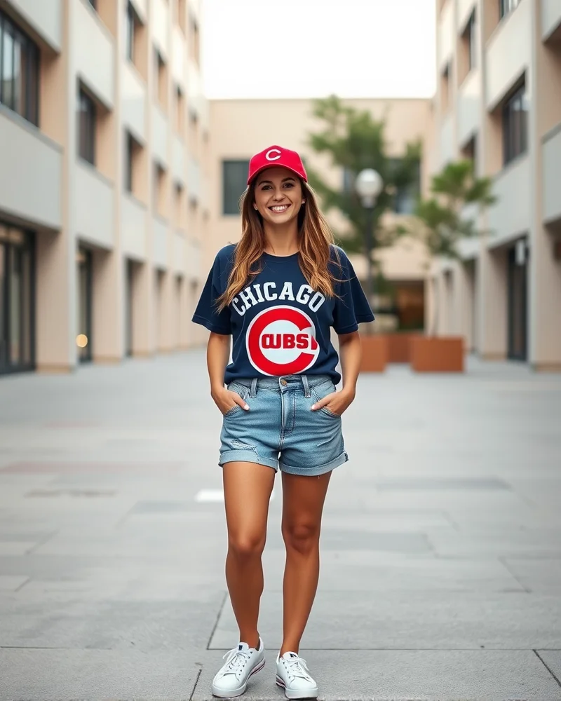 A woman wearing a classic Cubs graphic tee and denim shorts, embodying the quintessential bleacher-style look for a day at the ballpark.