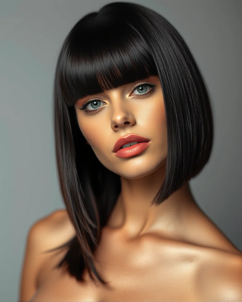 A close-up shot of a woman with a sleek, shiny dark-colored bob haircut, featuring a soft-focus velvet skin makeup look.