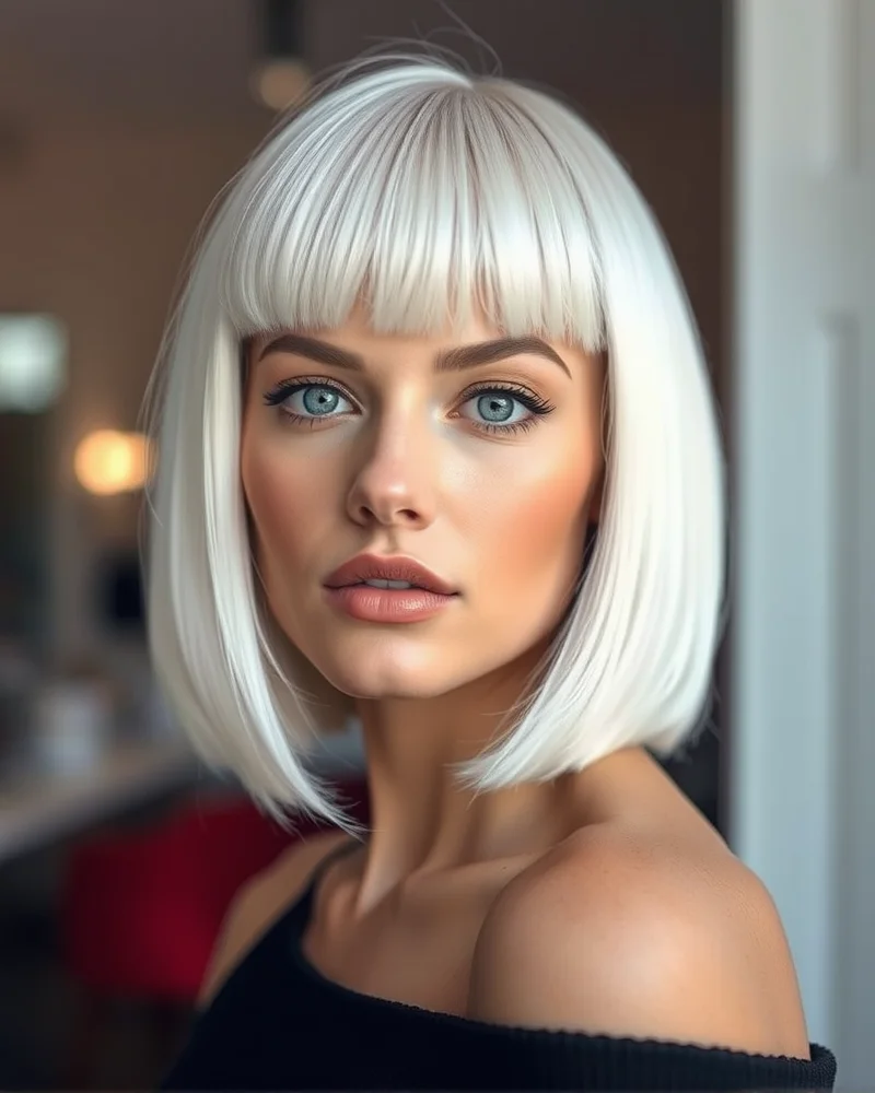 A stylish woman with a short, blunt bob in a stark, icy white platinum shade, captured in a crisp editorial photograph.