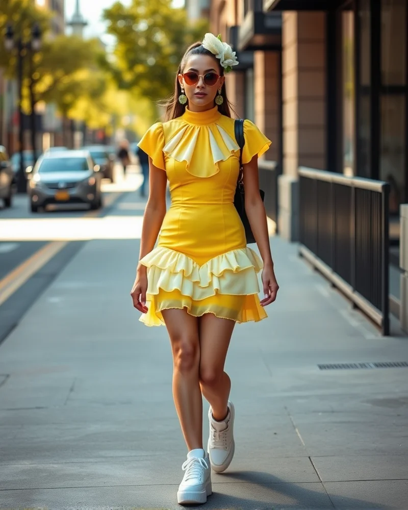 A model walking down a city street wearing a trendy yellow mini dress with ruffled details and white platform shoes.