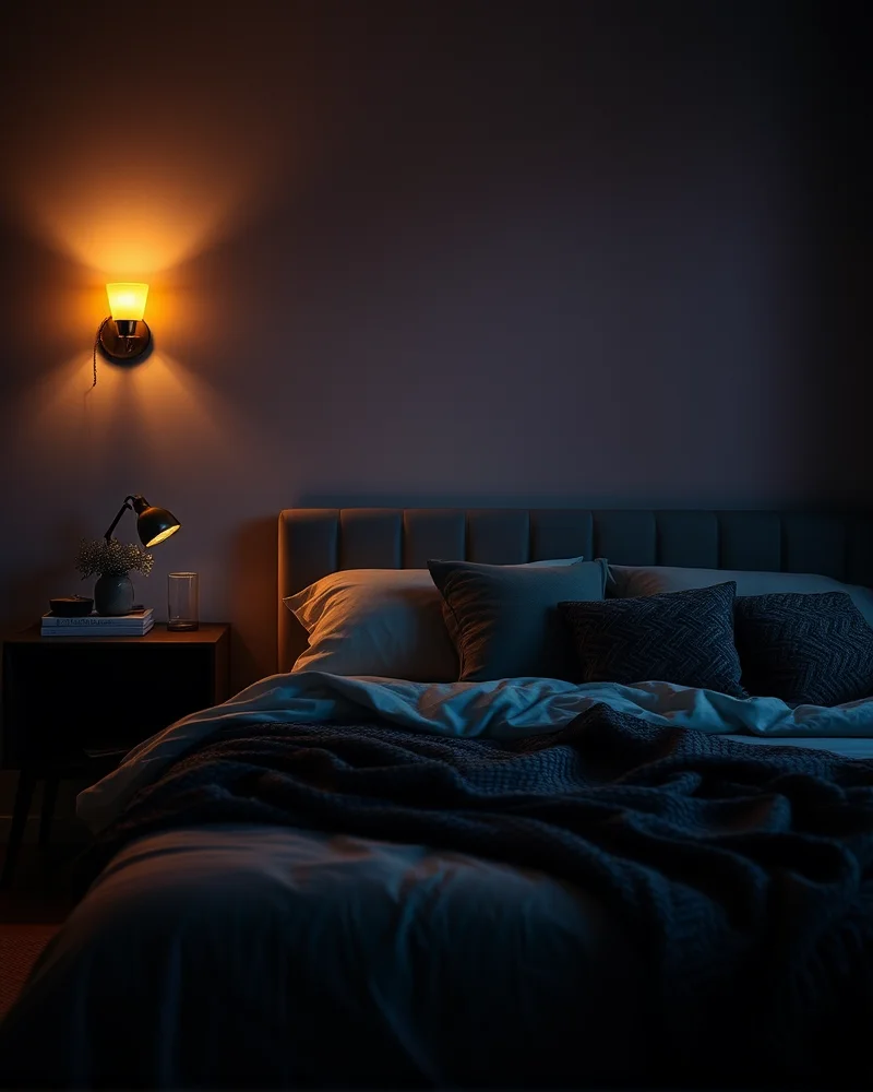 7 Dreamy Newlywed Bedroom Styling Hacks for a Romantic Sanctuary 3 A warm and inviting bedroom interior at night, featuring soft wall sconce lighting and cozy layers of pillows and blankets.