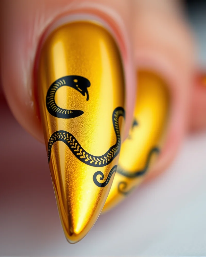 7 Sizzling Snake Nail Designs That Are Taking Over Your Feed 3 Stiletto nails featuring a mirror-like gold chrome base with fine, hand-painted black snake art coiling gracefully along each nail.