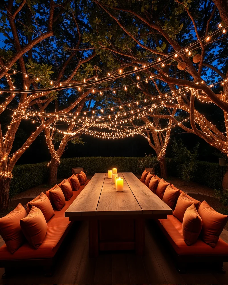 7 Viral Outdoor Dining Area Ideas to Elevate Your Backyard Oasis 3 A magical, illuminated outdoor dining space featuring a rustic wooden table set under trees covered in twinkling fairy lights, providing a warm and inviting glow.