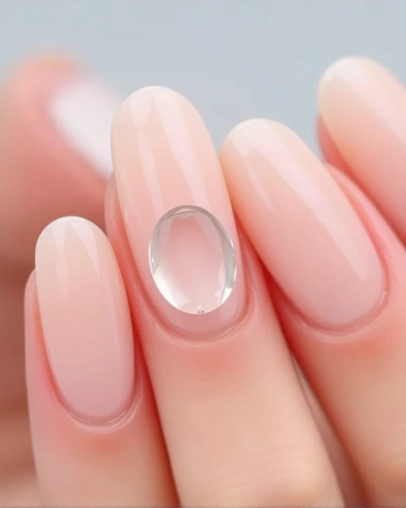 Clear 3D gel droplets on short, natural, squoval nails that look like sparkling morning dew, captured in bright, natural lighting.