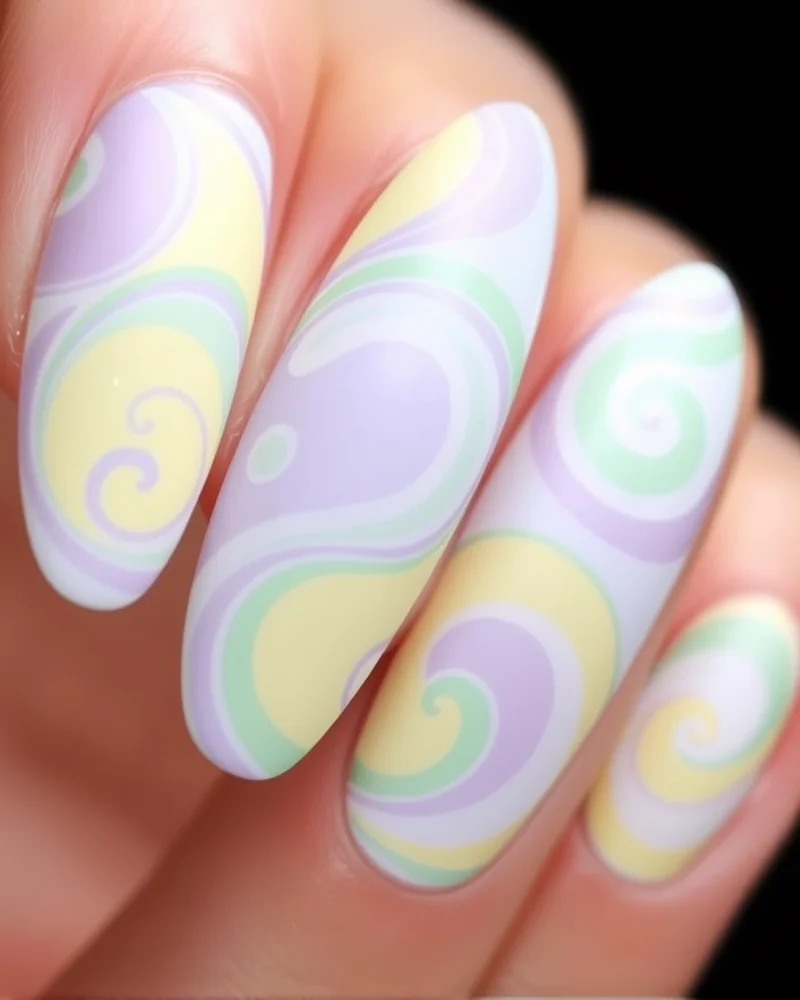 7 Viral Pucci Nails Trends You Need To Try This Season 3 Almond-shaped nails with soft pastel swirling patterns in lavender, mint, and yellow with a sophisticated semi-matte finish.