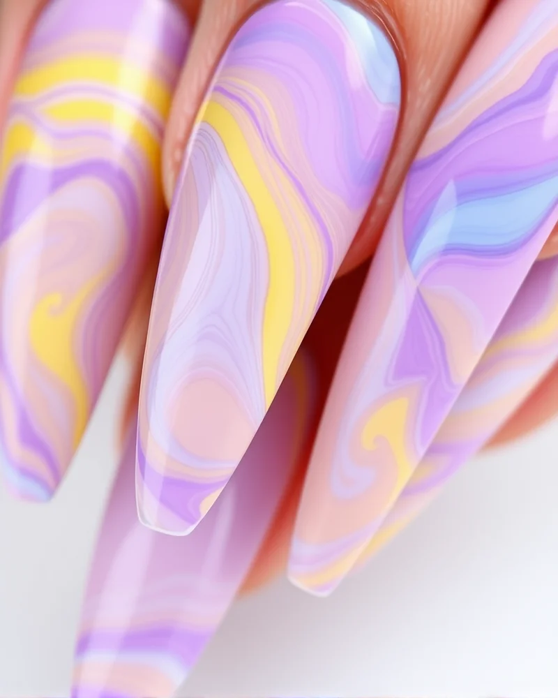 10 Dreamy Pastel Nail Designs You Need to Try This Season 3 Long stiletto nails decorated with intricate, flowing pastel swirls in purple, yellow, and blue, creating a dreamy artistic movement.