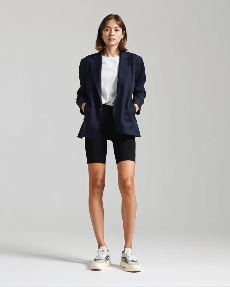 A model wearing an oversized navy blazer styled with athletic bike shorts and chunky sneakers.