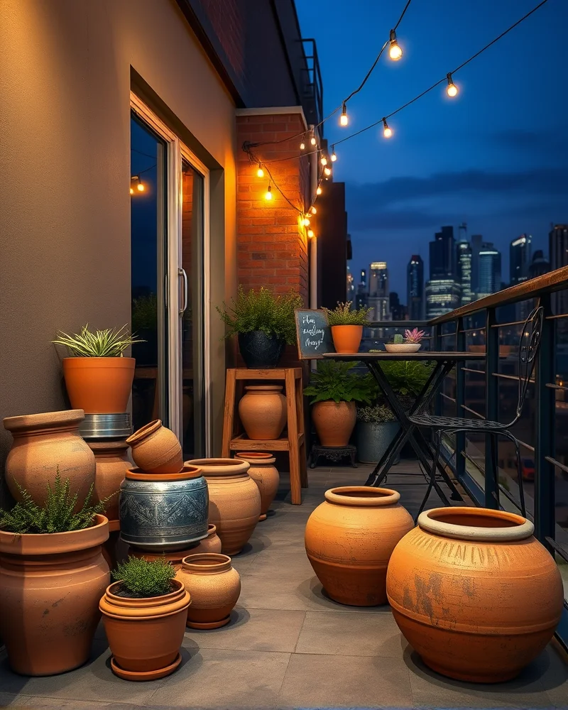 A cozy urban balcony at dusk featuring weathered terracotta pots and a bistro table illuminated by soft string lighting.