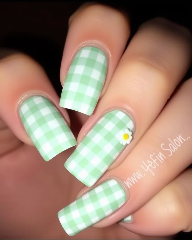 7 Dreamy Cottagecore Nail Designs That Will Define Your Aesthetic This Season 3 Square nails painted with a sage green and white gingham checkerboard pattern with a single daisy accent.