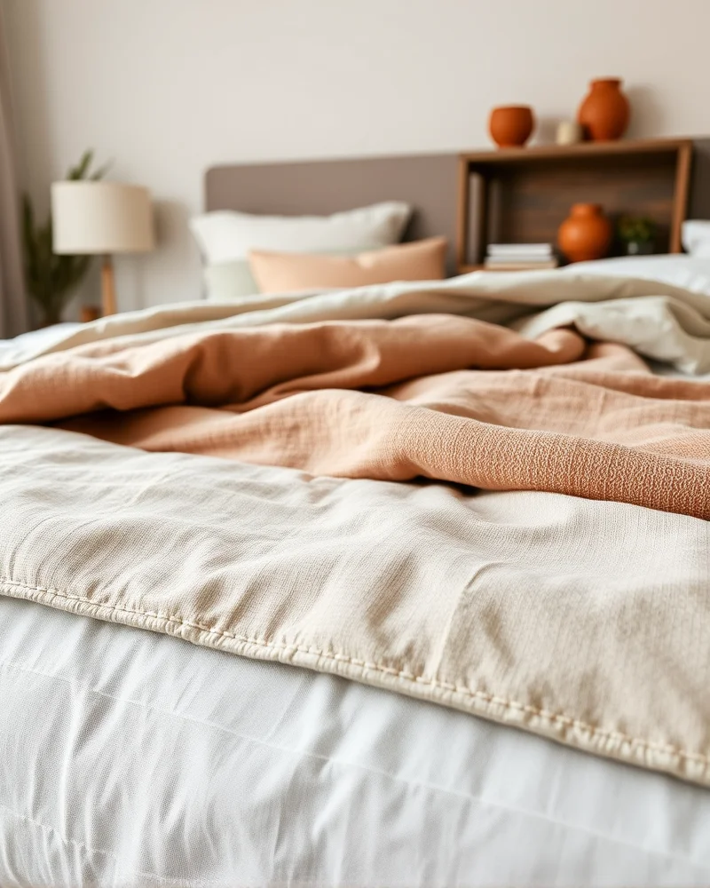 A layered bed design featuring a weighted blanket hidden beneath light linen bedding, creating a cozy and inviting bedroom atmosphere.