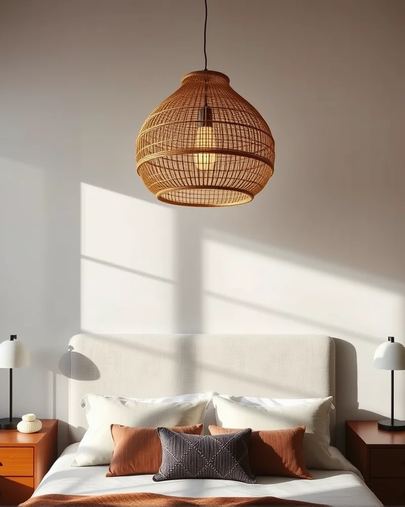 Two large, sculptural pendant lights suspended over wooden nightstands in a beautifully decorated bedroom.