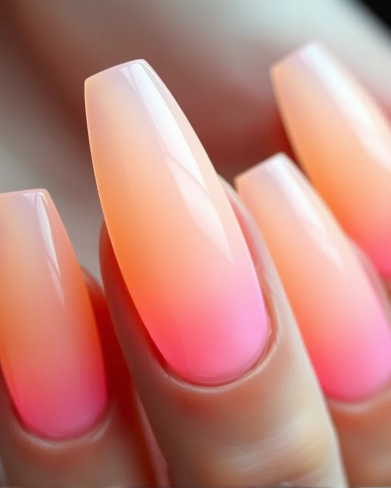 Coffin-shaped nails featuring a soft, airbrushed pink and yellow gradient aura design with a glossy finish that looks like a glowing orb.