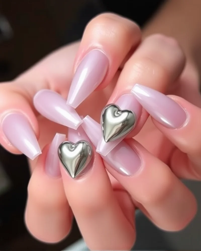 Long coffin nails with a chrome finish and raised 3D chrome hearts, reflecting light in a studio setting.