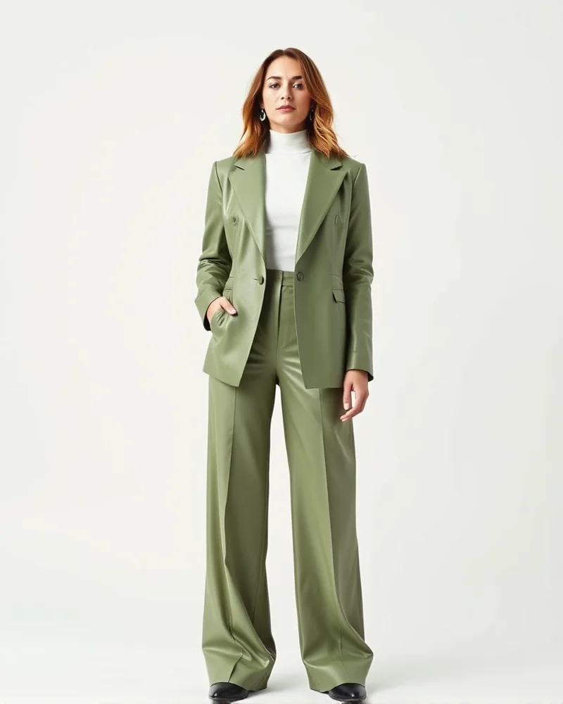 7 Viral Cold Weather Spring Outfits You Need to Copy Right Now 3 A woman models a sleek sage green vegan leather suit with a white base layer, posing against a minimal, clean background.