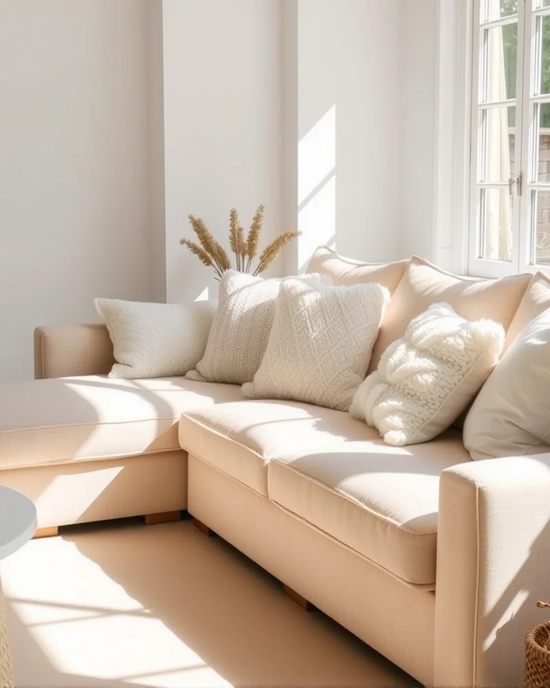 7 Viral Throw Pillow Combinations to Instantly Elevate Your Living Room 3 A beige linen sectional sofa styled with multiple neutral-colored pillows in varying textures including bouclé and chunky knit for a calm, airy atmosphere.